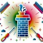 Ilustrácia komína s čistými trubkami obklopeného nástrojmi na čistenie