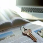 Obrázok zobrazuje dôležitý kľúč ležiaci na stole vedľa otvorených dokumentov a realitnej brožúry