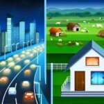 Ilustrácia moderného domu symbolizujúceho mestský život vedľa tradičného vidieckeho domu