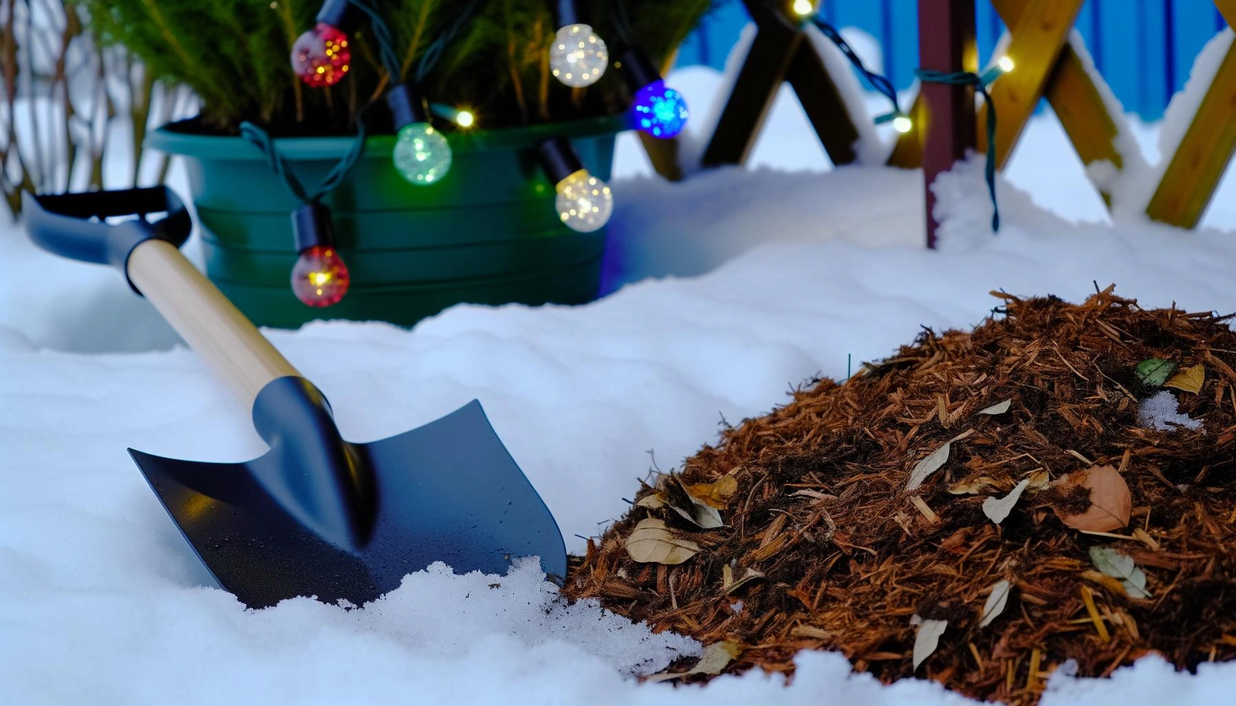Zimný mulč a záhradná lopata na snehu s vianočnými svetlami a zasneženými rastlinami